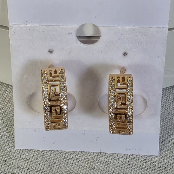 Gold Huggie Hoop Earrings Greek Key Design - Picture 7 of 7